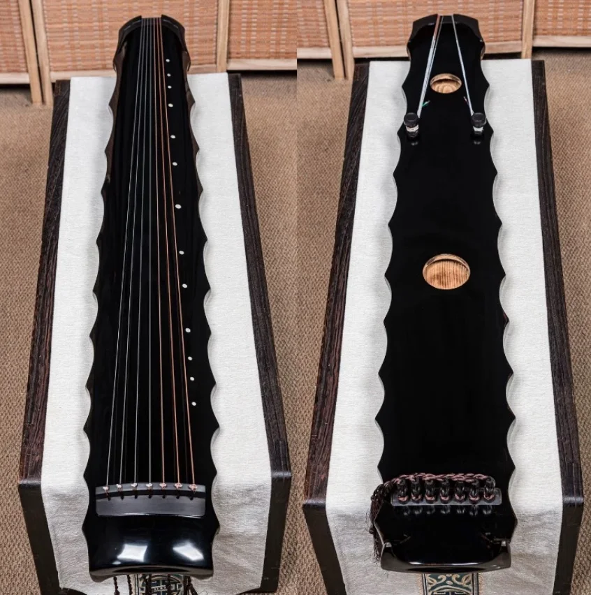 Canlei Style Guqin, Glossy Black Ice Crack Finish, Pure Raw Lacquer, Old Fir Wood Chinese Traditional String Musical Instrument