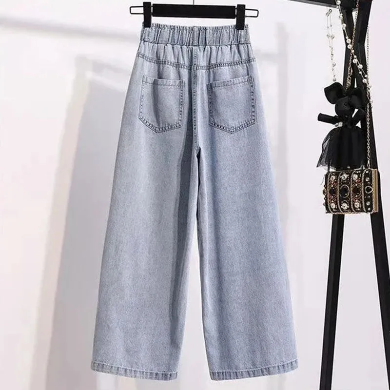 Moda Bordada Amor Jeans Na Primavera Verão 2023 Senhoras Fino Solto Fino Versátil Reta Azul Denim Wide-leg Calças