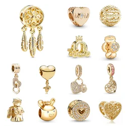 925 Silver Plated Gold Color Series Charms Beads Diamond Flower Heart Pendant For Pandora Bracelet Necklace Keychain DIY Jewelry