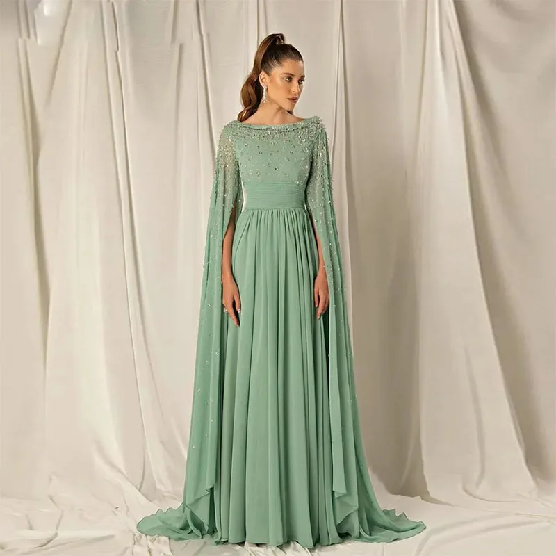 

Elegant Mint Green Mother of the Bride Dresses Chiffon Beading Dubai Formal Gown Split Long Sleeve Wedding Guest Dress