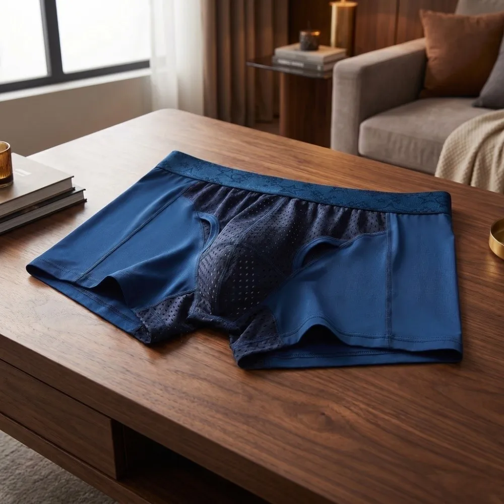 Quick-Drying Men's Mesh Boxer Briefs Separation Split Design Male Ice Silk Panties Lingerie Four-Way Stretch