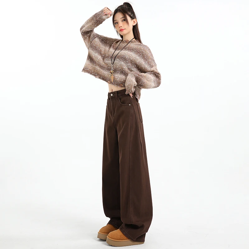 Jeans da donna a gamba larga color caffè Maillard in velluto spesso in autunno e inverno, pantaloni da pavimento alti da strada con coltello curvo