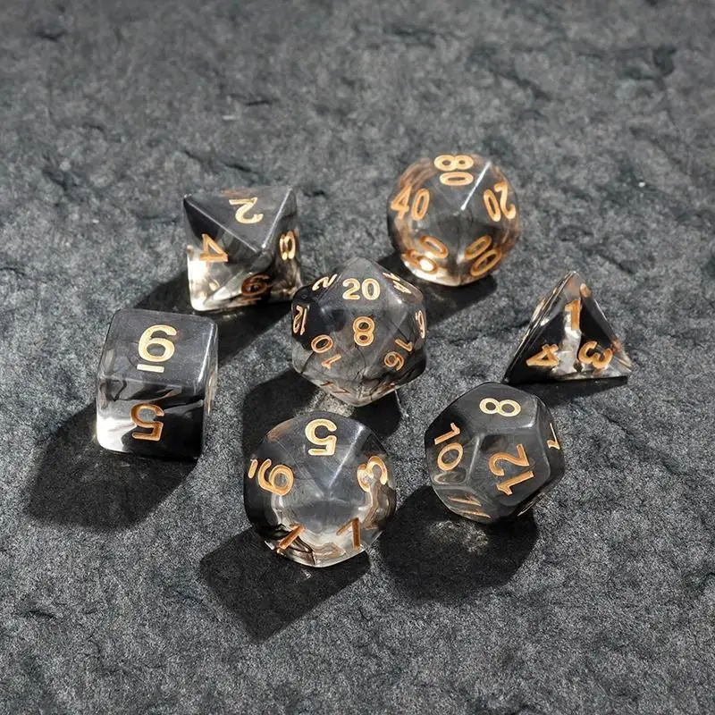 7Pcs Polyhedral Dice Set Translucent Black Smoke Swirl Resin Dice With Gold Numbers For Dnd Rpg Mtg Table Board Games Role