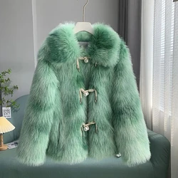 2023 New Korea Faux Fox Fur Grass Coat Women's Winter Jacket Mid Long Pearl Buckle Artificial Fur Coat Female Outerwear Cothing