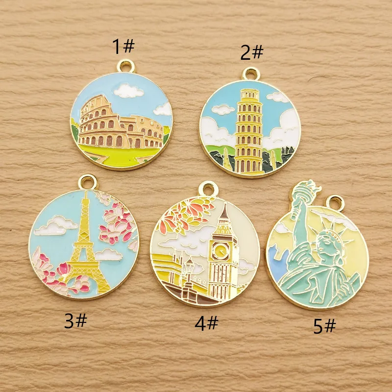 10pcs Enamel Famous Building Charm for Jewelry Making Necklace Pendant Diy Accessories Zinc Alloy Gold Plated