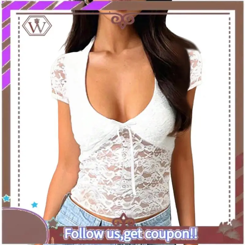 

A95D-Женская кружевная рубашка с длинными рукавами и глубоким вырезом Y2K, облегающий топ, клубная концертная одежда для выхода на выход