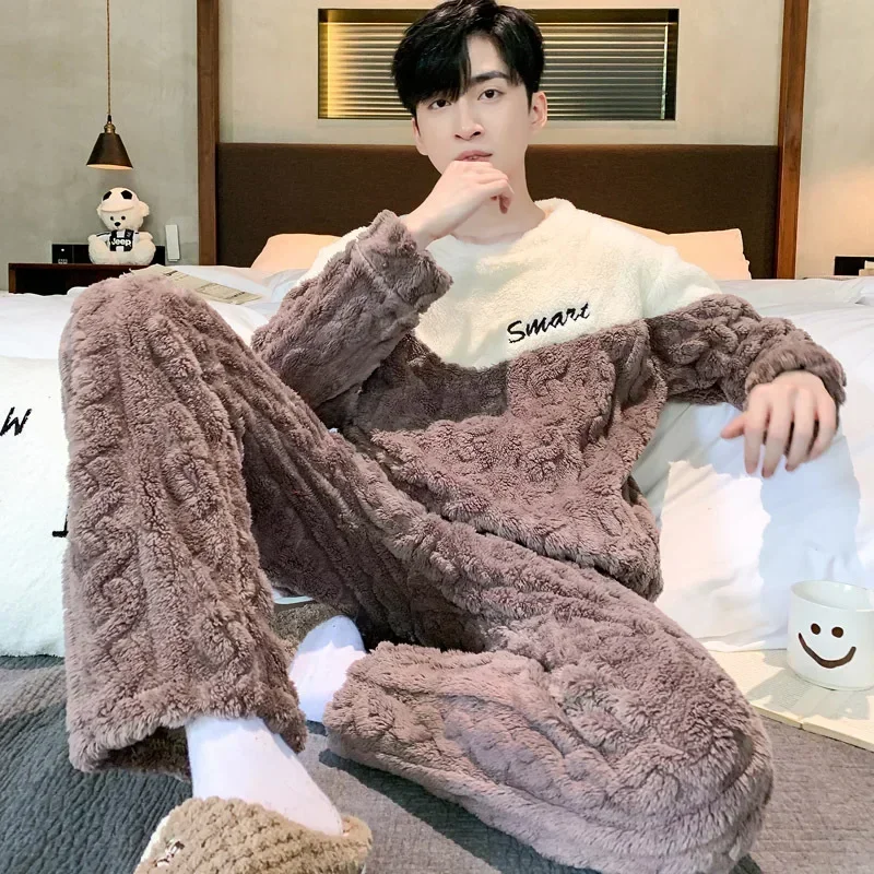 2026 Men Coral Fleece Pajamas Set Autumn Winter Sleepwear Pants Two-piece Set Plush Fleece Thickened Fleece Warm Home Suit Set