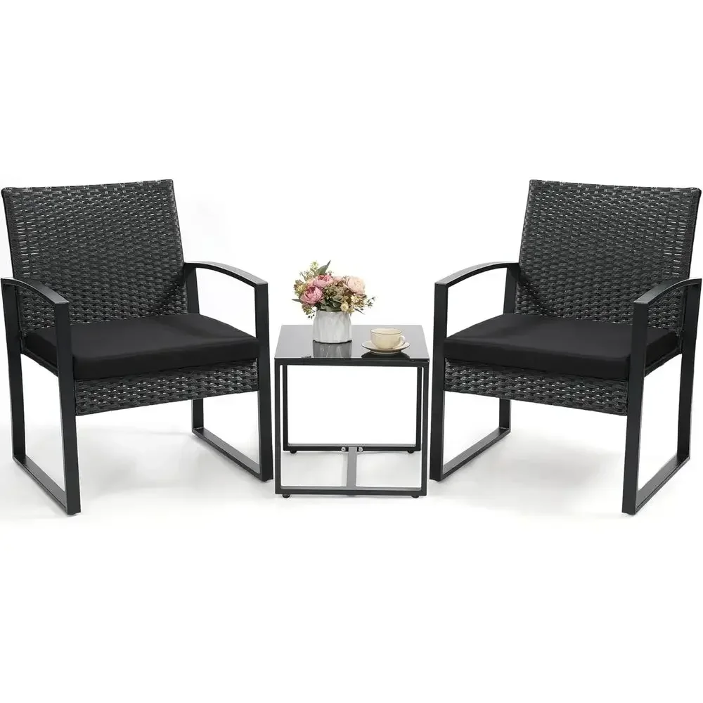 3-Piece Wicker Patio Bistro Set with Rattan Chairs and Coffee Table for Balcony, Porch, Garden, Yard, or Poolside - Black with B