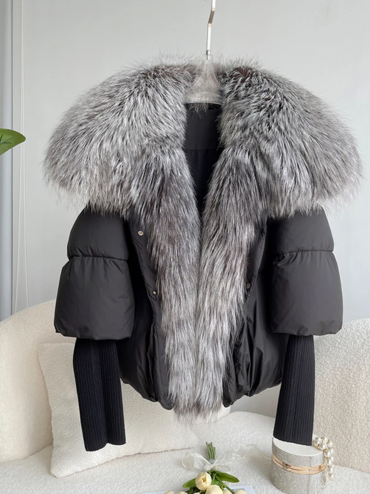 Winter Women Coat  Large Real Silver Fox Fur Collar With Knit Sleeve Fashion Outerwear White Duck Down Jacket Super