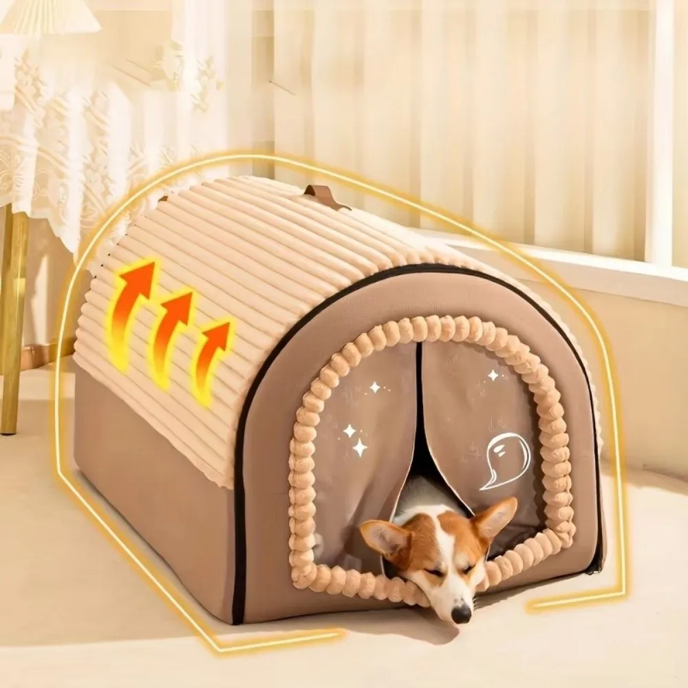 Winter Enclosed Pet House Detachable Soft Dog Bed & Cat Bed Anti-Slip Bottom with Door Curtain Warm Tent For Small Animals view 3