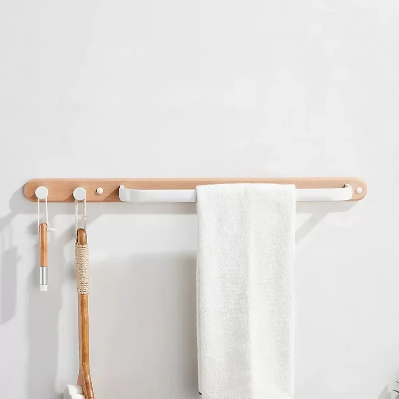 Wood White Bathroom Single Towel Rod Aluminum Wall Hanging Bath Towel Rack With Hook Shower Bar Storage Bathroom Accessories