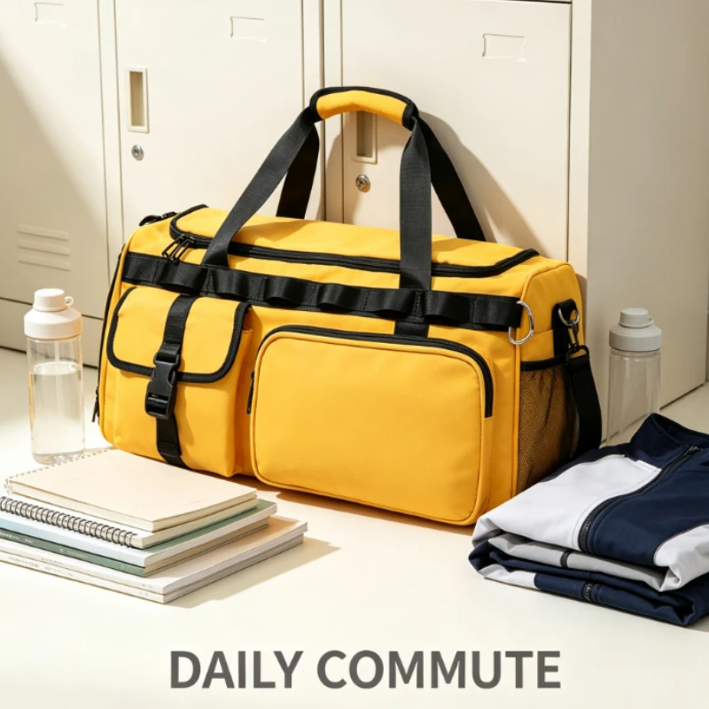 Bright Yellow Travel Duffel Bag with Brand Straps & Multi Pockets for Gym Sports Weekend Getaway Lightweight Carry-On
