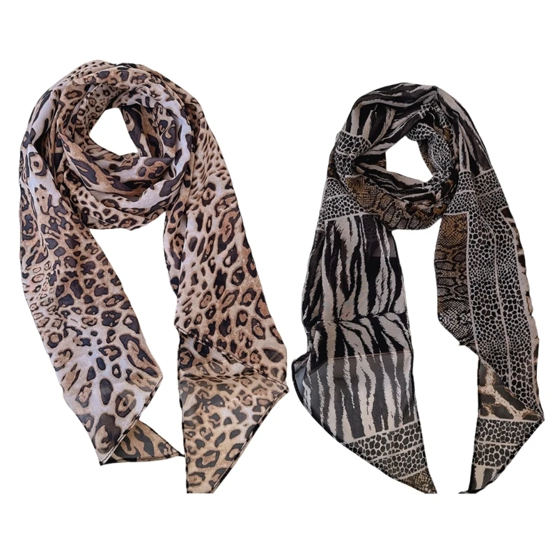 Women Trendy Leopard Print Silk Scarf 2000s Cool Girl Casual Western Thin Long Chiffon Scarf Neck Wrap for Party Club Daily Wear