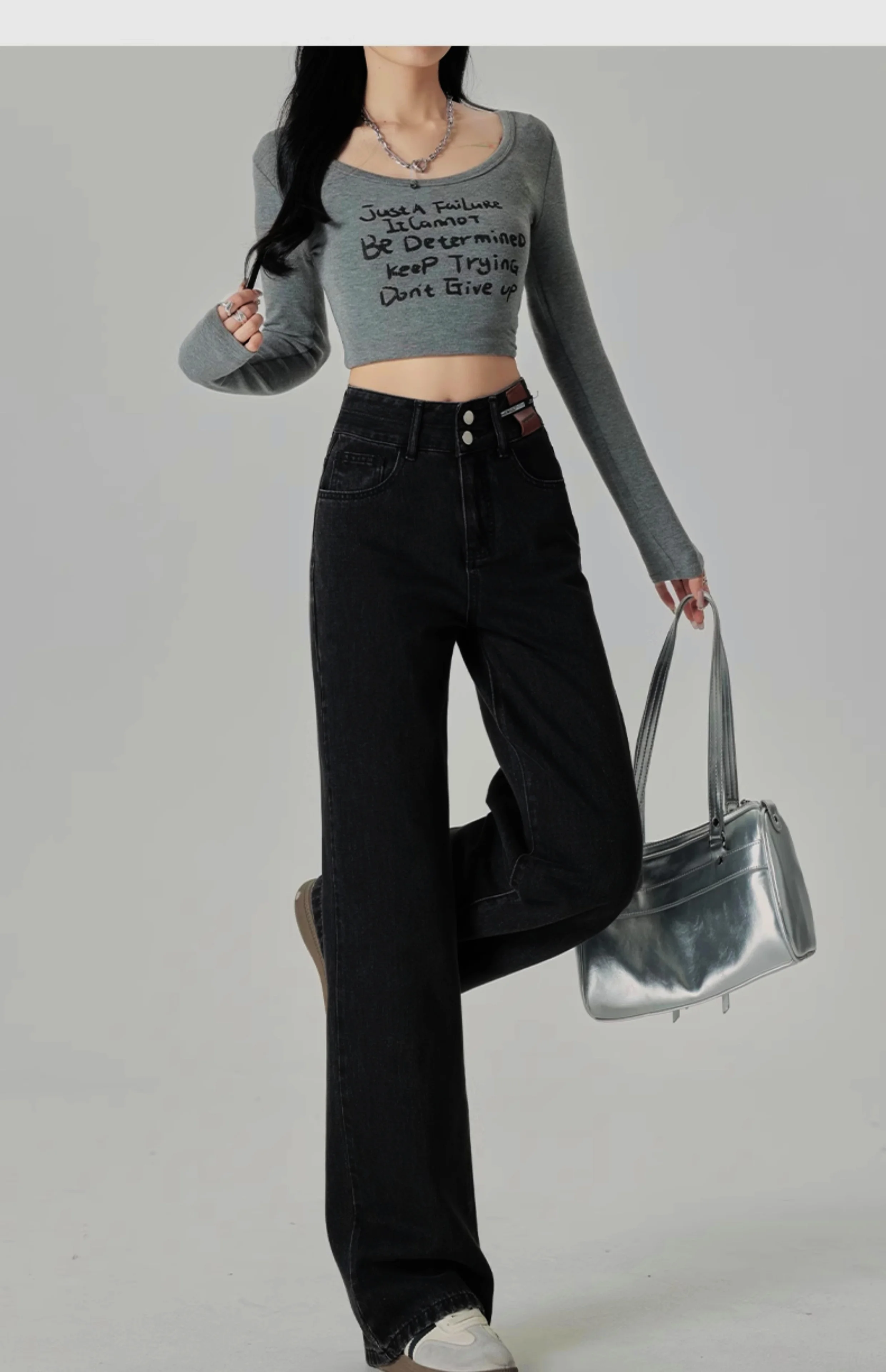 Schmal geschnittene Damenjeans mit weitem Bein, hoher Taille und hängendem Gefühl, gerades Bein, lässiger Look, schmale Hose in Kontrastfarben – Detail 13