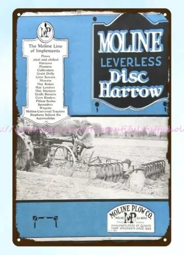 1920 Moline Plow Co Leverless Disc Harrow farm barn agriculture metal tin sign