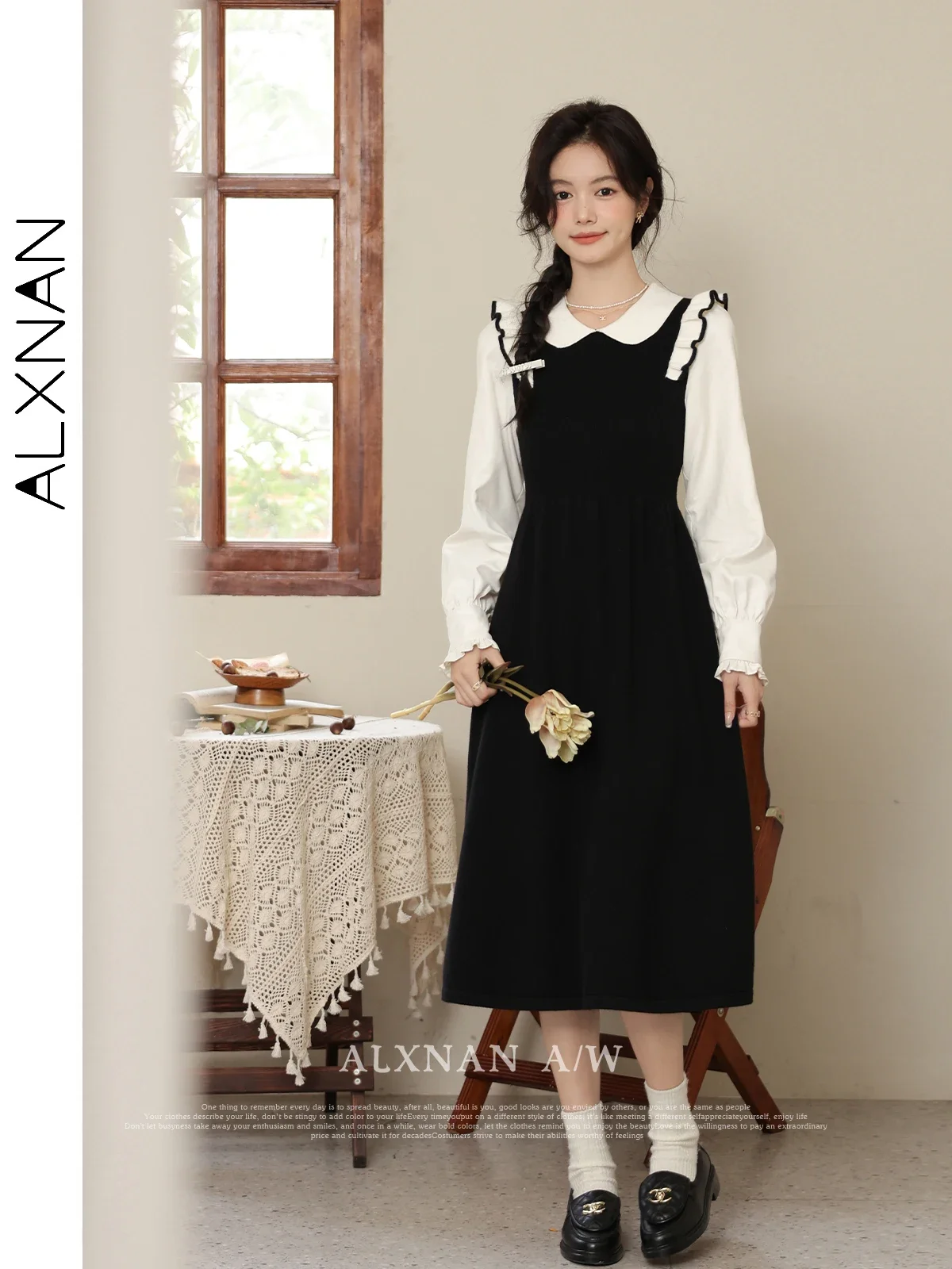 

ALXNAN Fake 2 Piece Long Sleeve Woman Dress 2024 Autumn Winter Peter Pan Collar Patchwork Elegant A-line Midi Dresses LXN32237