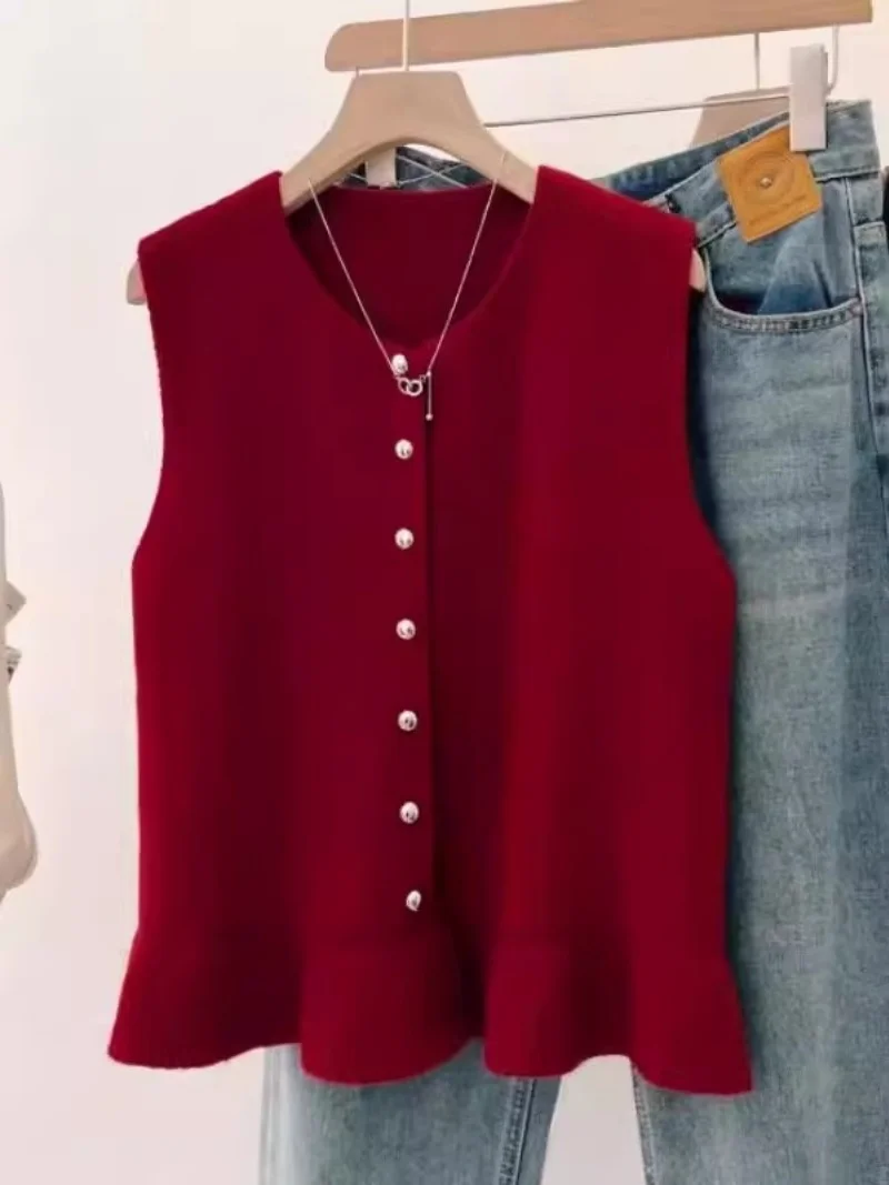 Premium Pumpkin Orange Knitted Vest Jacket for Women, 2026 Early Spring Soft Sweater ,Ruffle Tank Top j364