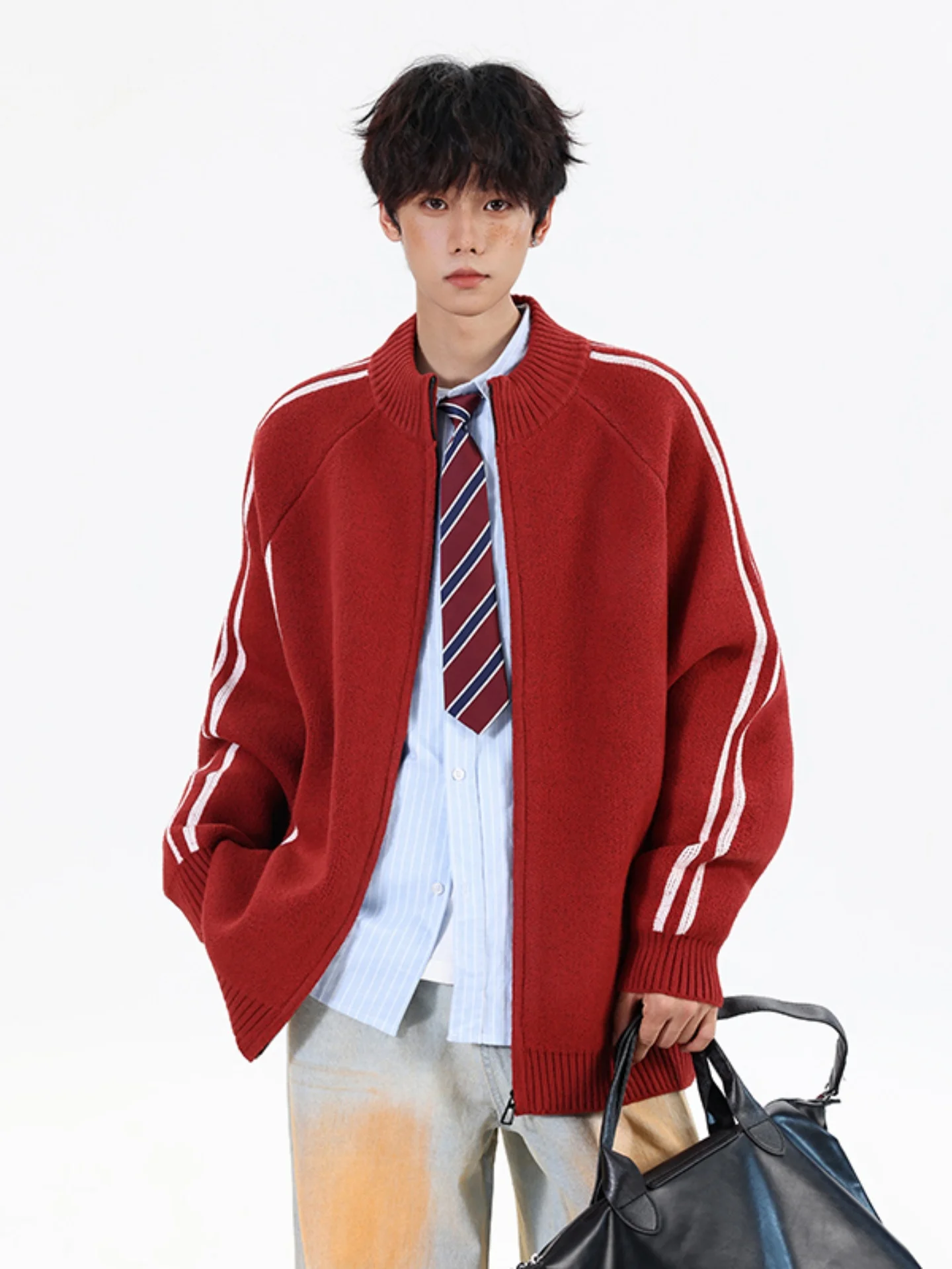 

Мужской свободный кардиган в полоску с цветными блоками, осенне-зимний, с длинными рукавами, из мягкого полиэстера, повседневный вязаный топ