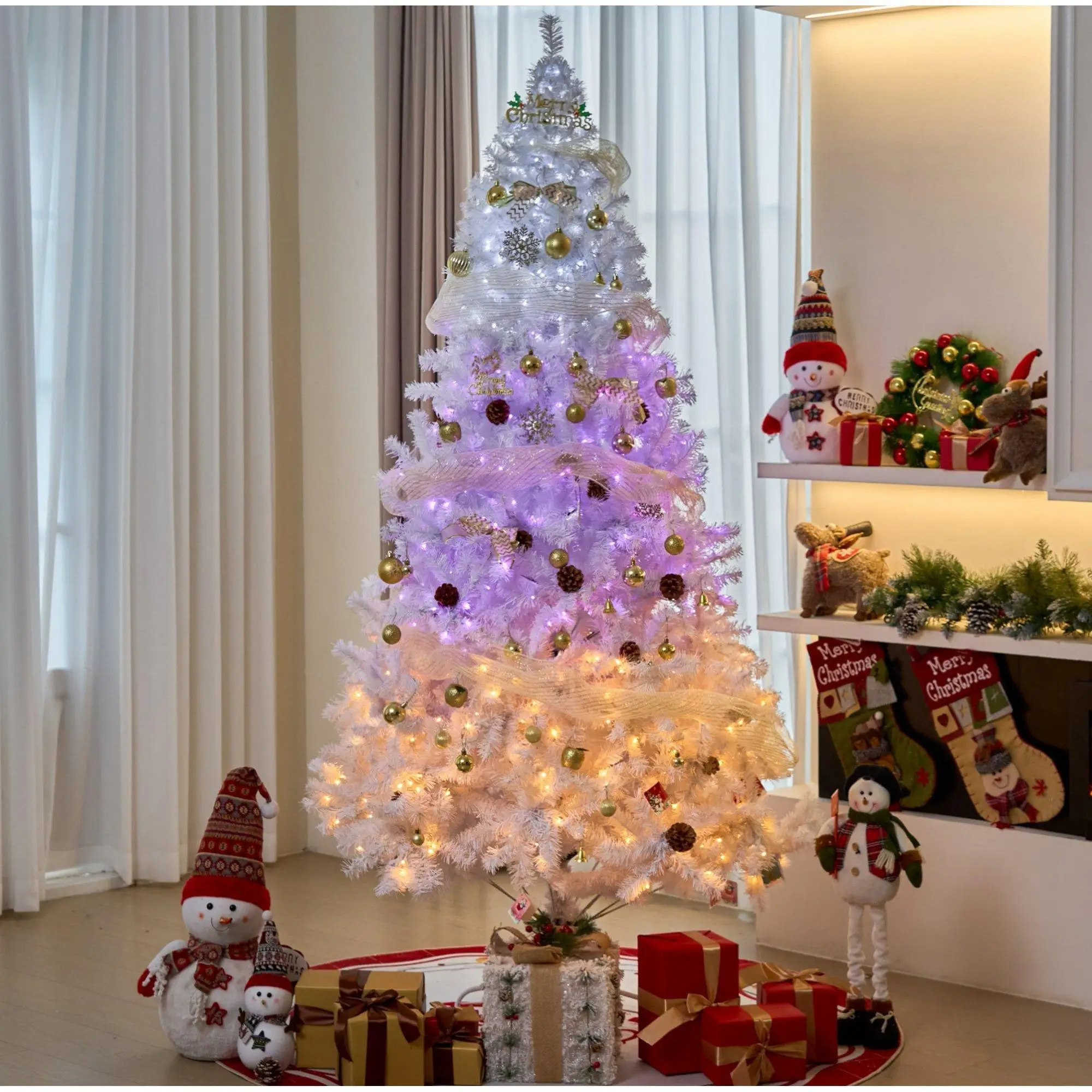 9ft White Christmas Tree 150cm Base 2254 Branches 3 Layer Warm Lights 8 Modes Flashing 700 Lights Indoor New Year Home Party