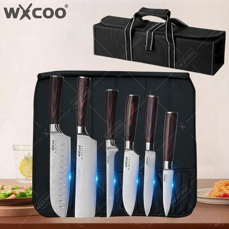 WXCOO Edelstahl-Damaszener-Küchenmesser Fischfiletiermesser Obstschneidemesser Allzweckmesser Japanisches Santoku-Messer Rolltasche