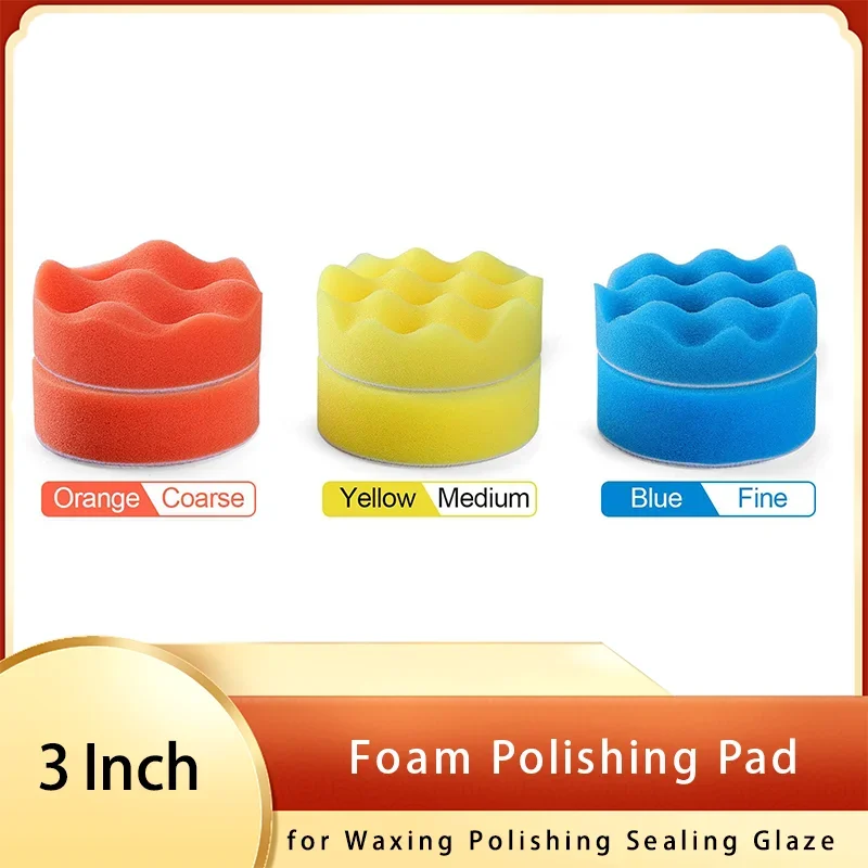 

3 Inch 75MM Foam Polishing Pad Kit 6Pcs Flat and Wavd for Foam Drill Corse Medium Fine for Waxing Polishing Sealing Glaze