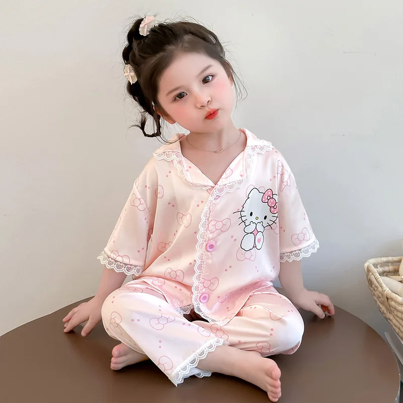 

New Hello Kittys Child Pajamas Sanrios Girl Pajamas Summer Ice Silk Short Sleeve Lace Set Cartoon Cute Children's Clothing