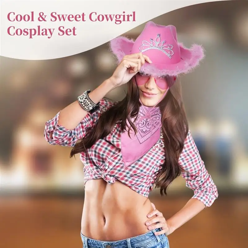 Cowgirl Hat Feather Boa With Heart Glasses Bandana Pink Western Women Cowboy Hats Bachelorette Costume Cosplay Party Dress-Up