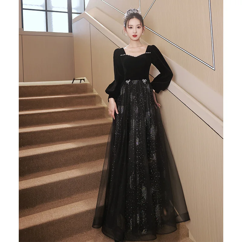 Elegant Black Velour Backless Evening Dress Women Long Floor Length A-line Tulle Party Gown