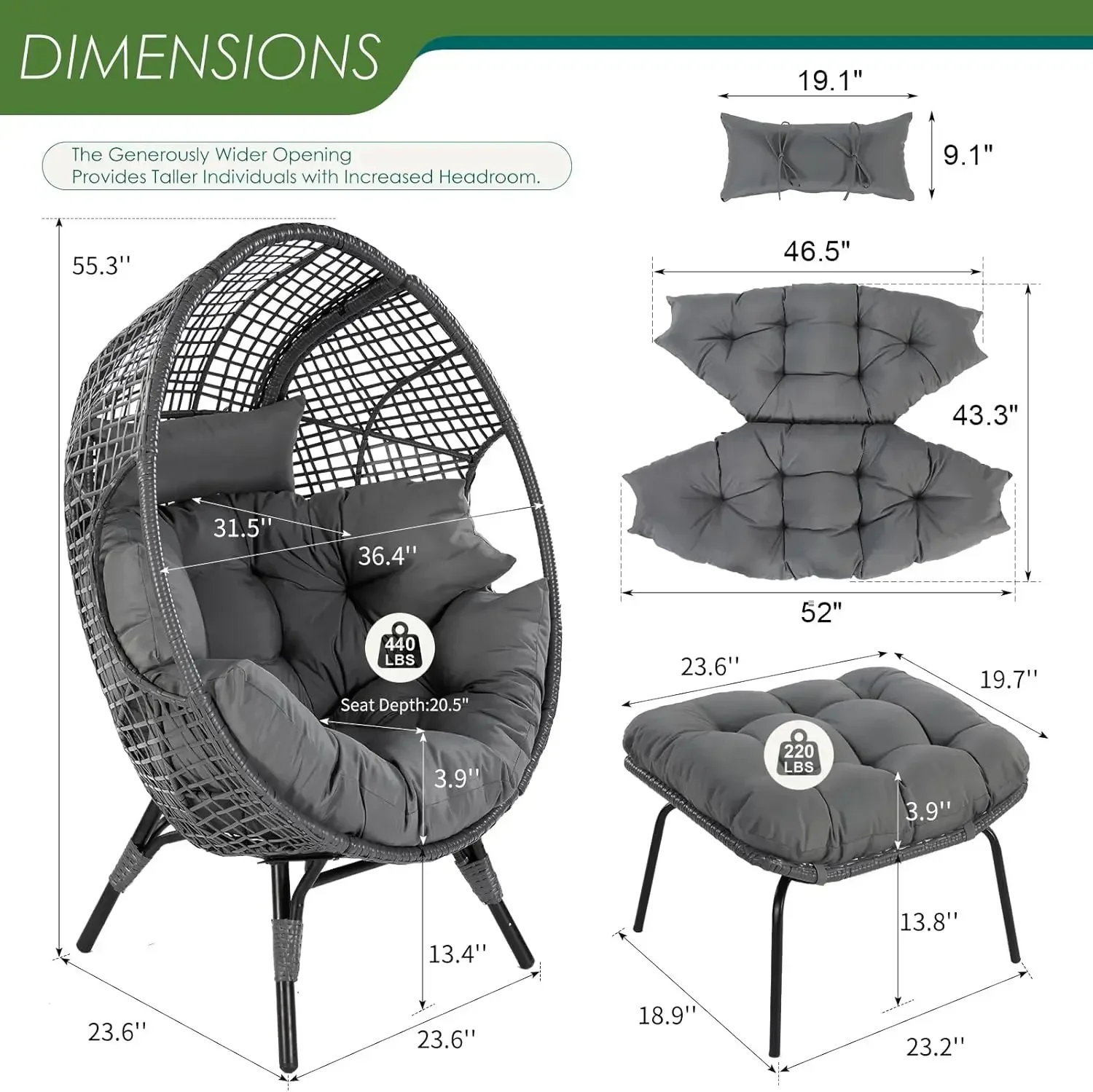 Outdoor Stationary Wicker Egg Chair Oversized Thicken Cushions Egg Seat  Egg Basket Lounge Chair with Ottoman,  Rattan Chair