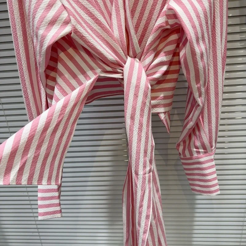 여성 빈티지 스트라이프 레이스 업 비대칭 디자인 셔츠 옷깃 긴 소매 세련된 블라우스 봄 한국 패션 캐주얼 슬림 피트상의