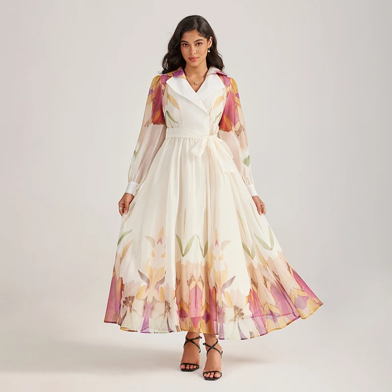 เดรสลำลองอเนกประสงค์แฟชั่นสำหรับผู้หญิง กระดุมเดี่ยว แขนยาว ลายดอกไม้ ช่วงเอวเข้ารูป ทรงแม็กซี่ เหมาะสำหรับใส่ทำงาน