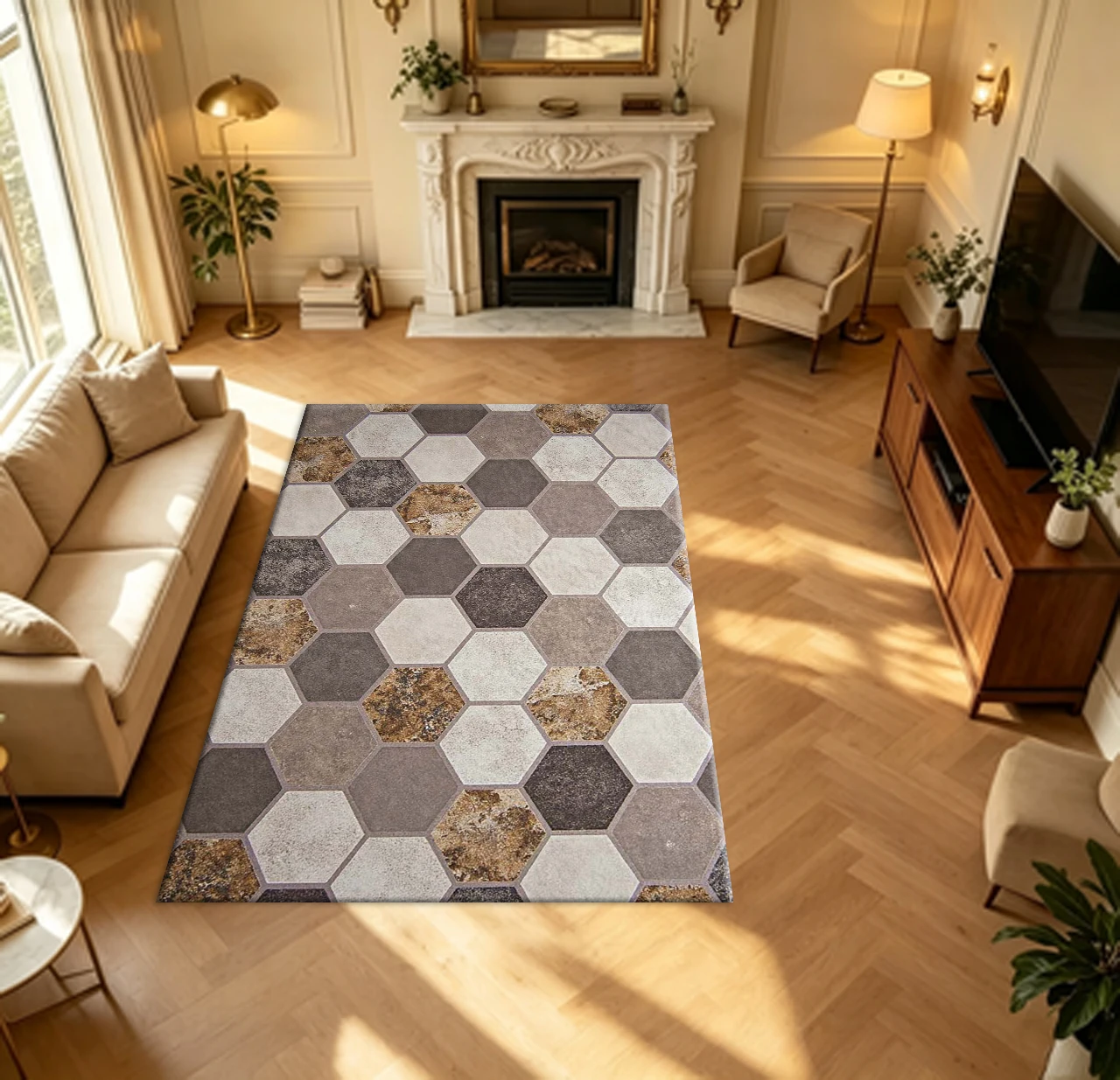 Vintage Hexagon Stone Tile Carpet Flooring Earth Tone Marble Textured Household Indoor Simulation Floor Decor Area Rug