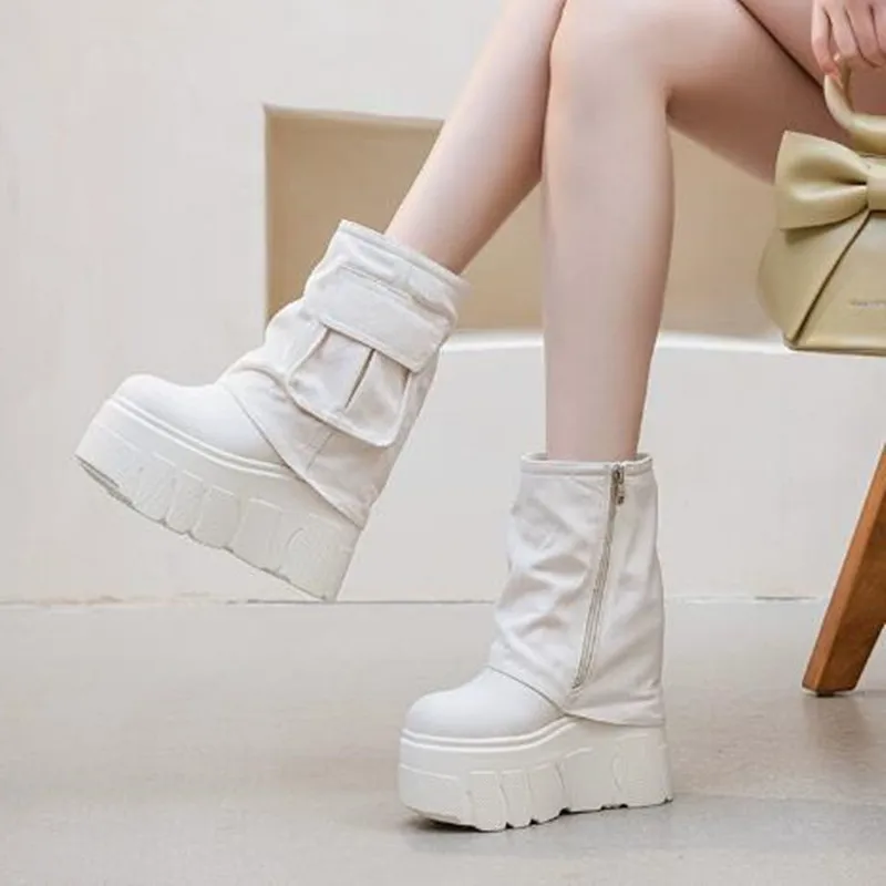 

2026 14 см уличный стиль джинсовые дышащие женские ботинки до середины икры на платформе на танкетке повседневные сапоги до колена осенняя женская весенняя обувь