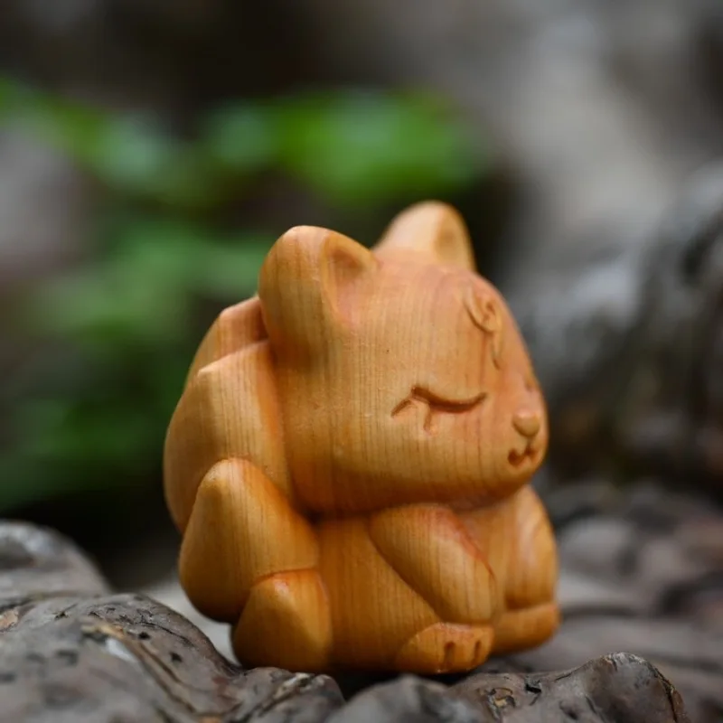 Arborvitae Wood Carving Nine Tail Fox Fox Animal Ornaments Men and Women Handheld Artsy Object Pendant Cartoon Tea Ornaments