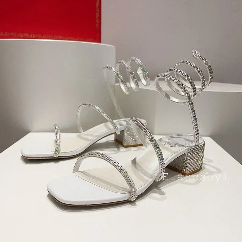 Square Toe Chunky High Heels Sandals Women's Shiny Crystal Ankle Snake Twine Around Party Shoes Summer Gladiator Sandalias view 5