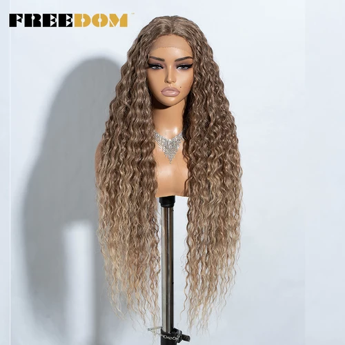 Imagen 2 del producto Pelucas delanteras de encaje sintético FREEDOM, pelucas de encaje rizado súper largo de 34 pulgadas para mujeres, pelucas de Cosplay con encaje frontal marrón ombré