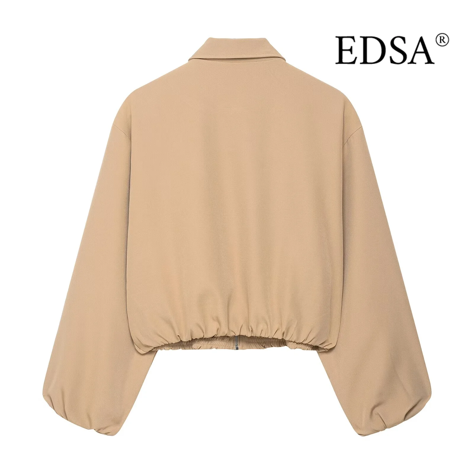 EDSA 여성 봄버 재킷 퍼프 슬리브 사이드 지퍼 턴다운 칼라 엘라스틱 트림 여성 캐주얼 코트 아우터웨어