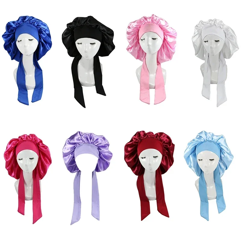 Satin Hat Hair Night Fashion Sauna bonnets Bathroom accessory  Elastic strap type shower cap for women