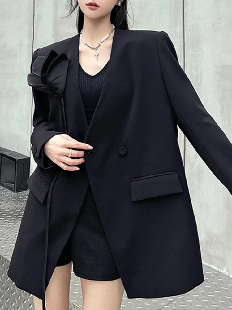 YERMORA ดอกไม้สีดําริบบิ้น Casual Blazer สําหรับผู้หญิง V คอยาวแขนยาวหลวมเสื้อใหม่แฟชั่นฤดูใบไม้ผลิฤดูร้อน 2025