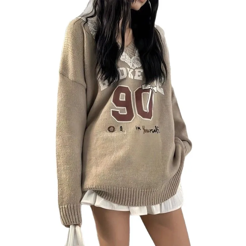 Lazy Retro Lace Patchwork Autumn and Winter Sweater Loose 2024 Knitted Sweater New Letter Jacquard Top