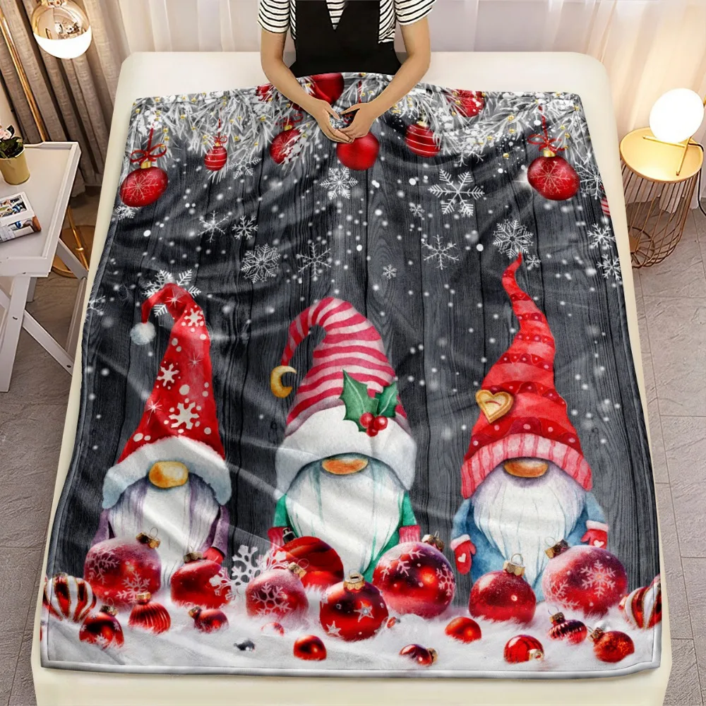 Soft  Warm Flannel Christmas Blanket - Three Mini Santas & Christmas Ball Design Perfect for Sofa Office Travel Machine Washable