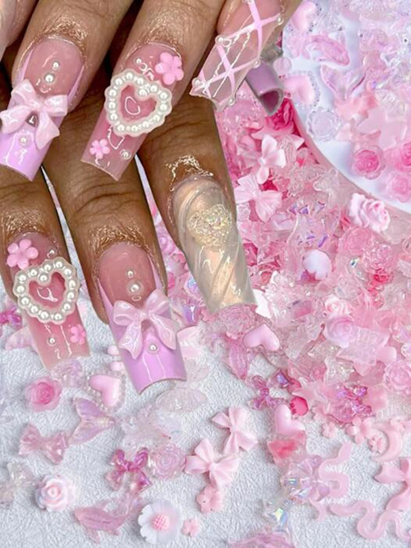 500-600 pièces mélangées Aurora rose arc/fleur breloques pour ongles 50g Kwaii résine papillon, nœud papillon Y2K Nail Art décorations bricolage manucure partie