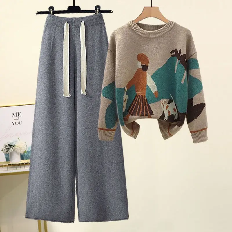 Herbst- und Winter-Set für Damen, neuer Lazy-Style-Pullover im westlichen Stil, altersreduzierendes Schlankheits- und Hosen mit weitem Bein, zweiteiliges Set