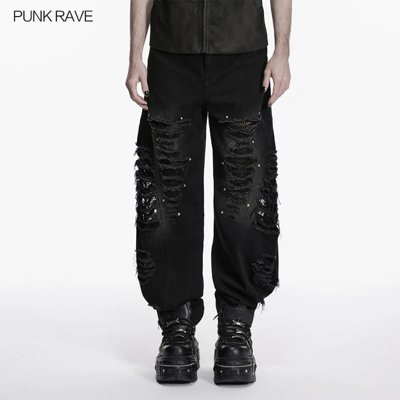PUNK RAVE Men's Punk Tattered Denim Perforated Large Pants Worn-out Segmentation Rebellious Vintage Metal Studs Street Trousers