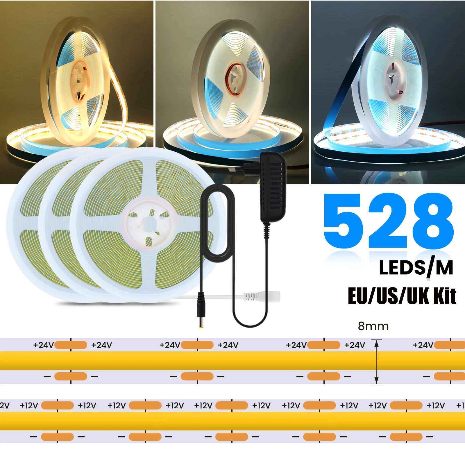 DC 12V 24V 528LEDs/M COB Streifen EU US Kit mit Netzteil Warm/Naturweiß IP20 Flexibles Bandseil LED-Licht 0,5M 5M 10M