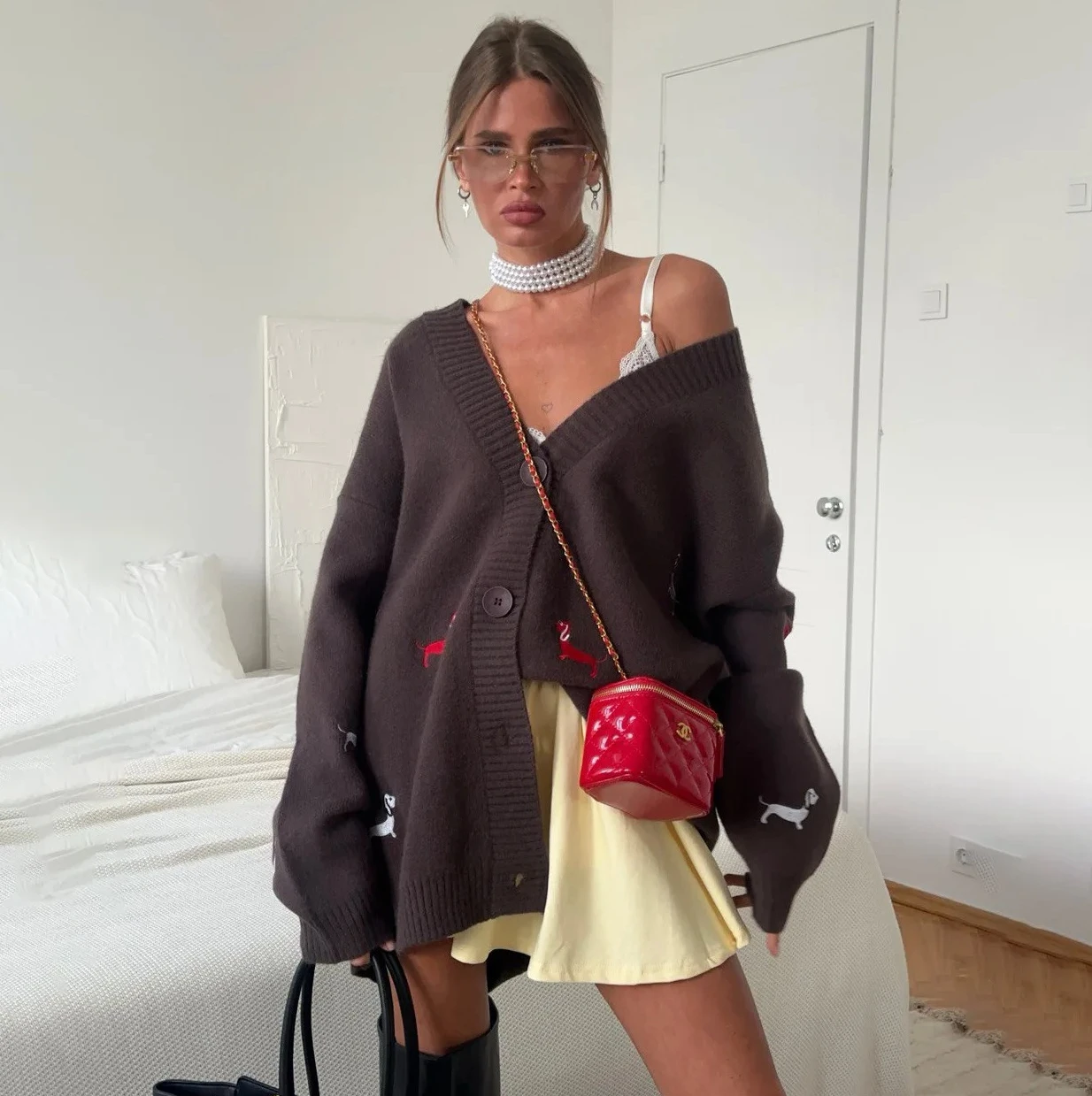 

Женская одежда, свитер с вышивкой колбасы и собаки, кардиган, свободная универсальная куртка с v-образным вырезом и длинными рукавами, ленивая мода