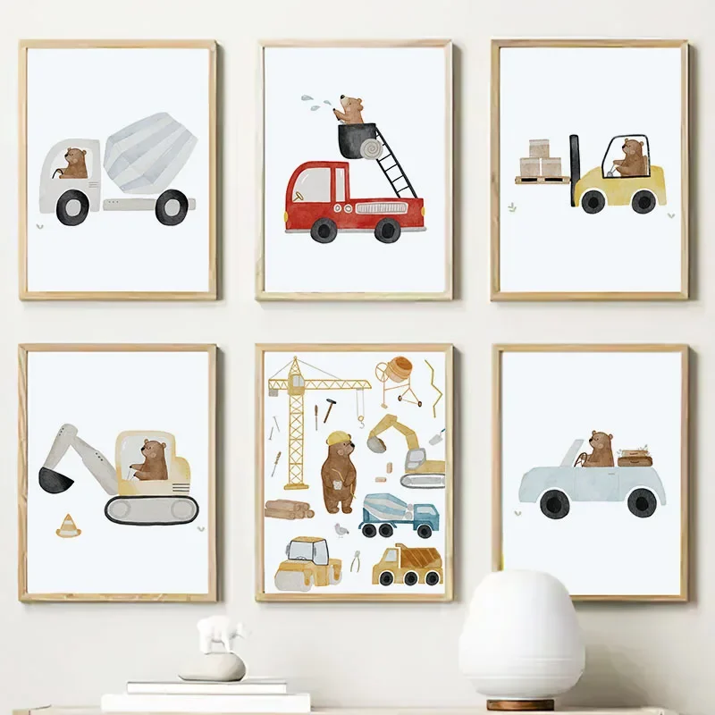 Nursery Wall Art Kids Room Decor Cartoon Bear Forklift Excavator Car Mud Truck Canvas Print Baby Room Painting for Children