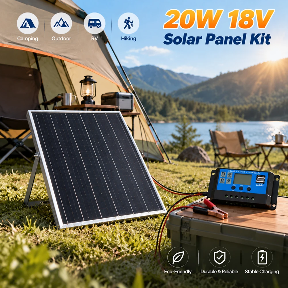 20W Solar Panel Charging Kit 18V Solar Cell Kit with 10A Controller 12V/24V Adjustable Output for Outdoor RVs Boats Camping