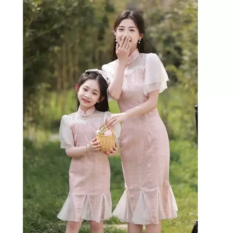 Girl clothes pink green mother and daughter dress Mother and daughter matching look family look family set clothes new in