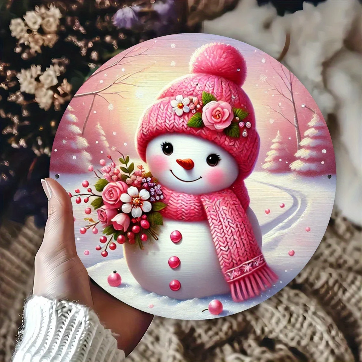 1 Stück rosa Schneemann-Weihnachts-Metallschild, 2D-Wandkunst aus flachem Eisen, festliche Heim- und Außendekoration für Tür, Garten, Geschäft, Bar,